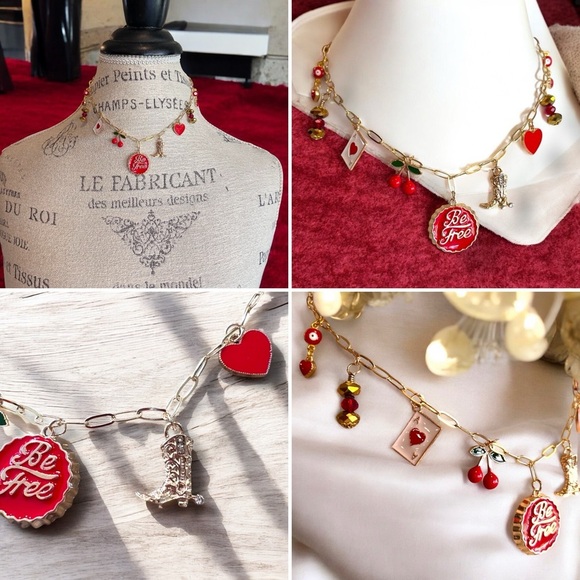 Gold toned dainty and fun Charm Necklace cherries, heart, boot and crystals - Picture 12 of 17